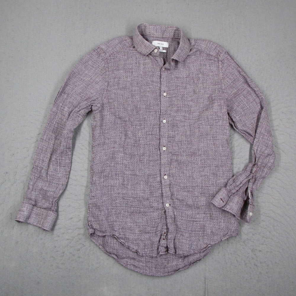 Reiss Miquel Slim Fit Shirt Mens Medium Burgundy White Crosshatch Cotton L/S